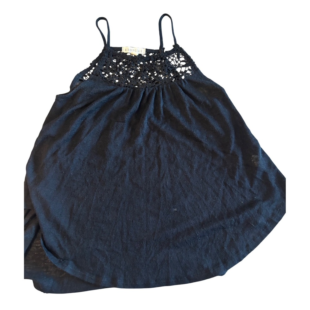 Aeropostale Black Crochet Lace Bib Cami Tank Top XS Relaxed Boho Flowy Slub